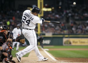 Detroit Tigers' Miguel Cabrera hits a two-run home run off of Baltimore Orioles starter Alfredo Simon in the first inning of a baseball game on Friday, Sept. 23, 2011, in Detroit. (AP Photo/Duane Burleson) Orioles Tigers Baseball